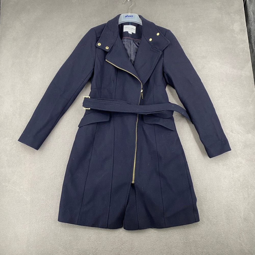 Cole Haan Signature Navy Blue Wool Blend Asymmetric Zip Belted Trench Coat 4